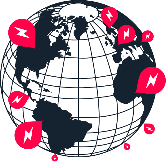 Een wereldbol met rode locatiepinnen