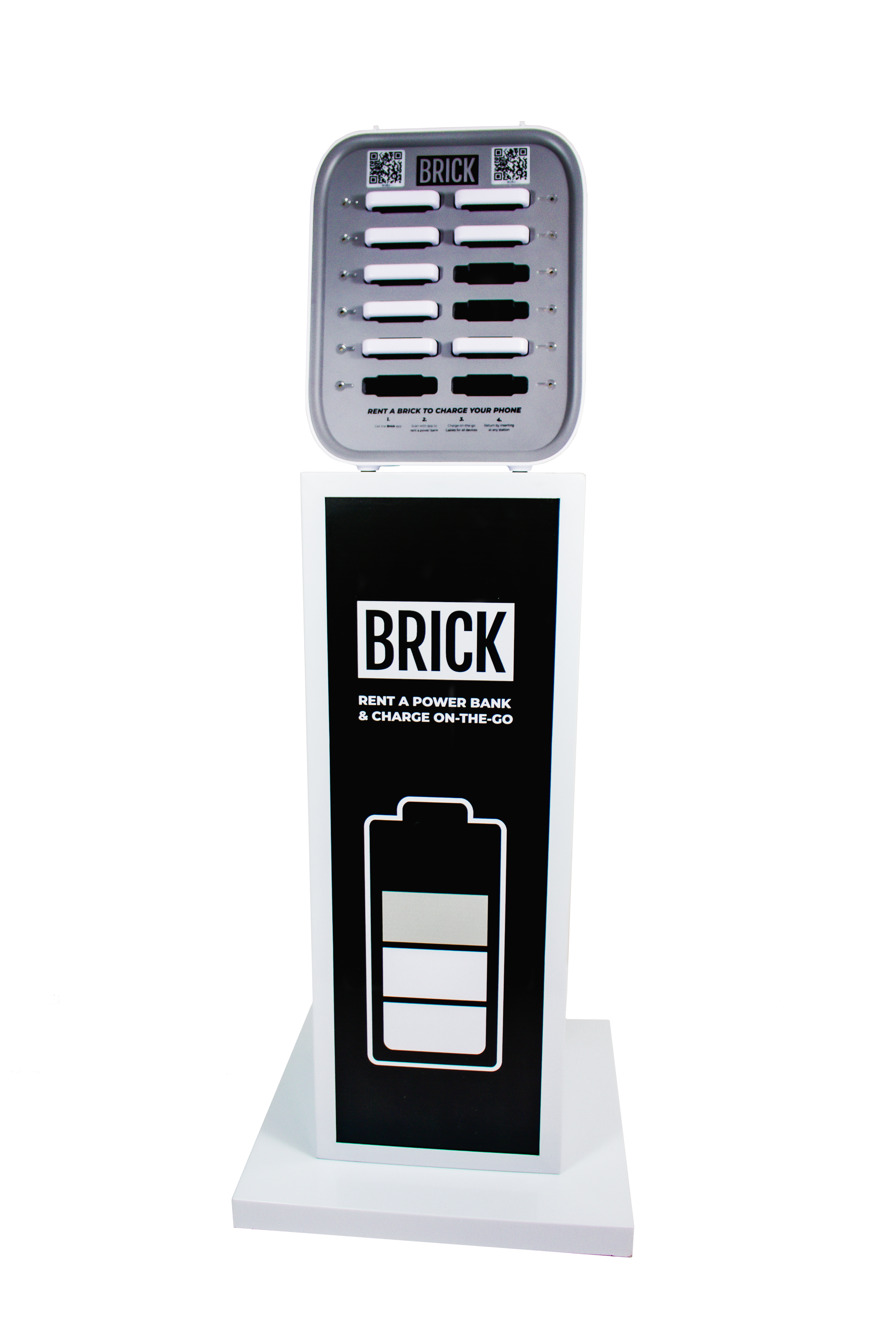 Twelve slot Brick rental station on stand